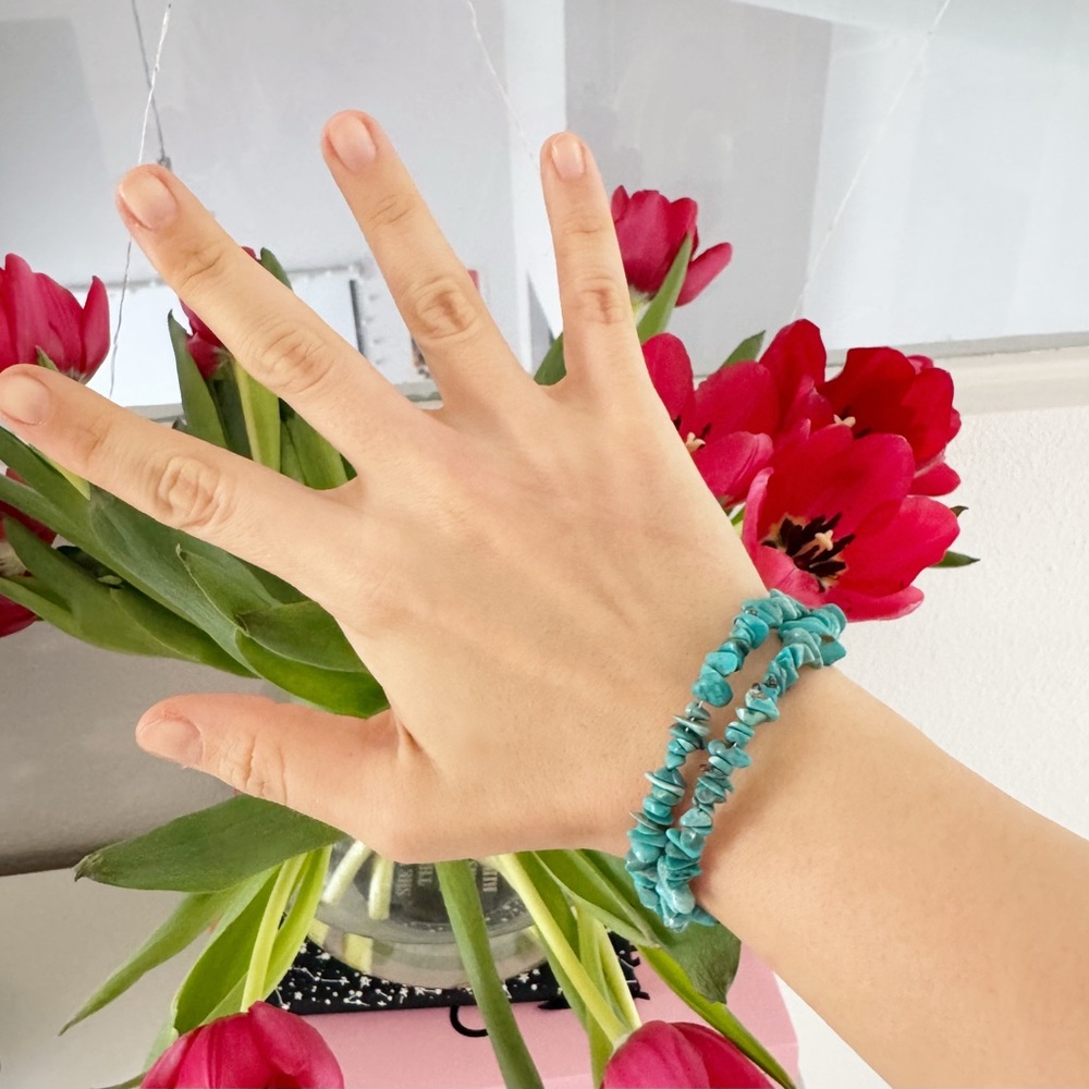Vintage Green Turquoise Gemstones Irregular Gemstone Beaded Bracelet - Picture 2 of 2